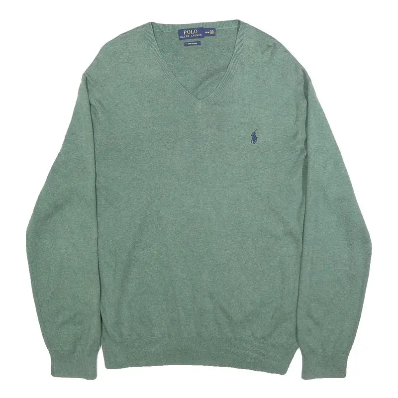Polo Ralph Lauren Mens Green Plain V-Neck Basic Knit Jumper M Cotton Classic 1