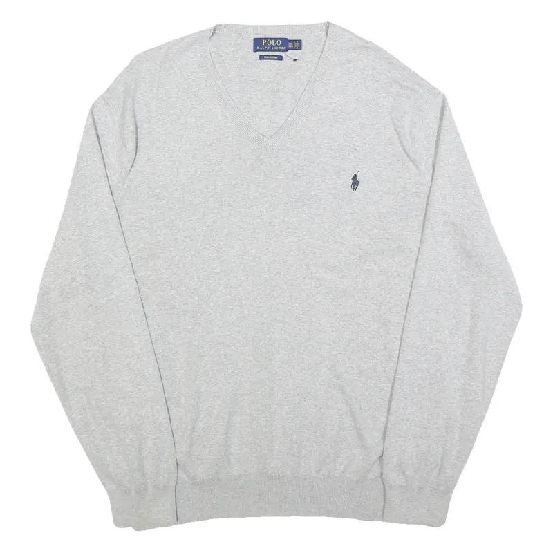 Polo Ralph Lauren Mens Grey Plain V Neck Basic Knit Jumper 2Xl Cotton Classic 1