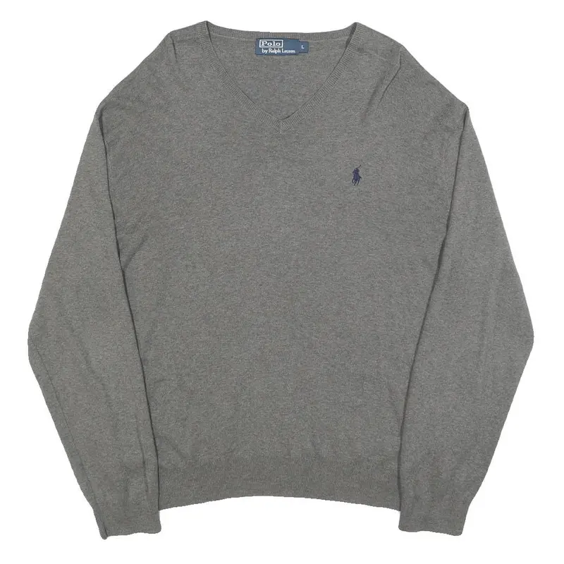 Polo Ralph Lauren Mens Grey Plain V-Neck Basic Knit Jumper L Cotton Casual 1