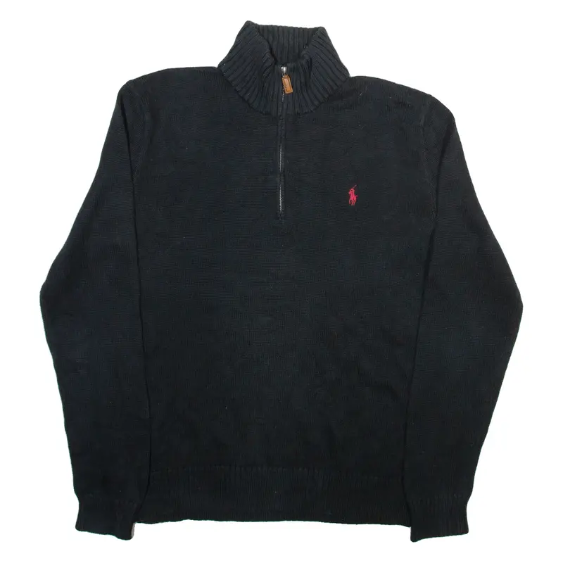 Polo Ralph Lauren Mens Jumper Black 1/4 Zip Tight Knit M 1