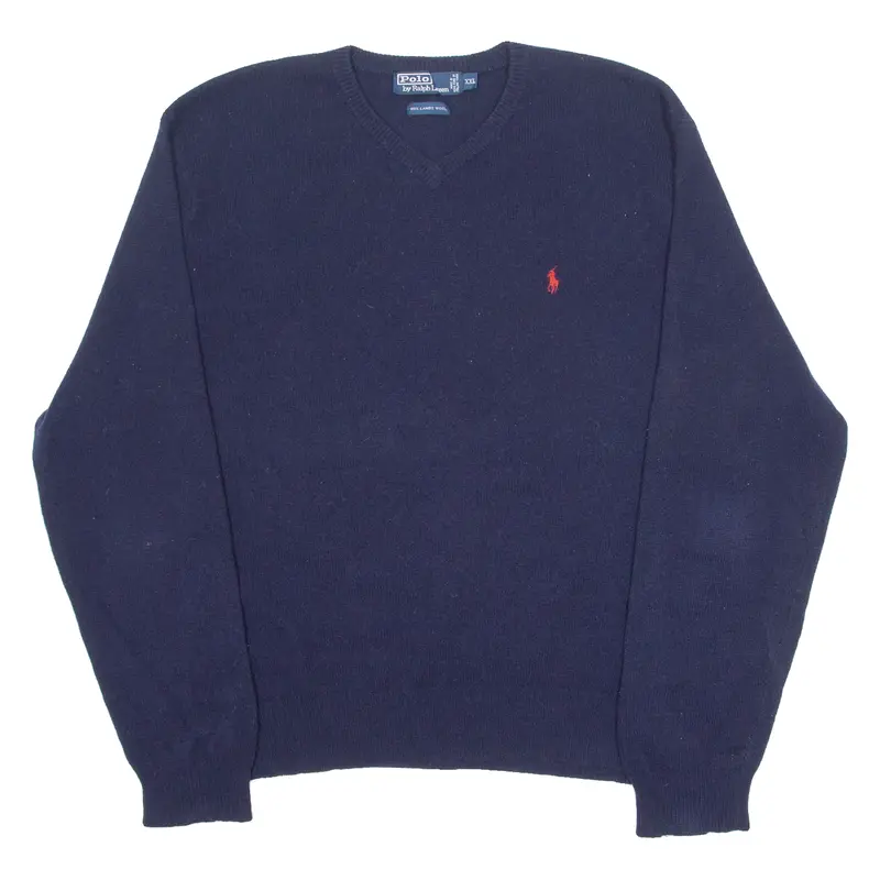 Polo Ralph Lauren Mens Jumper Blue V-Neck Tight Knit Wool 2Xl 1
