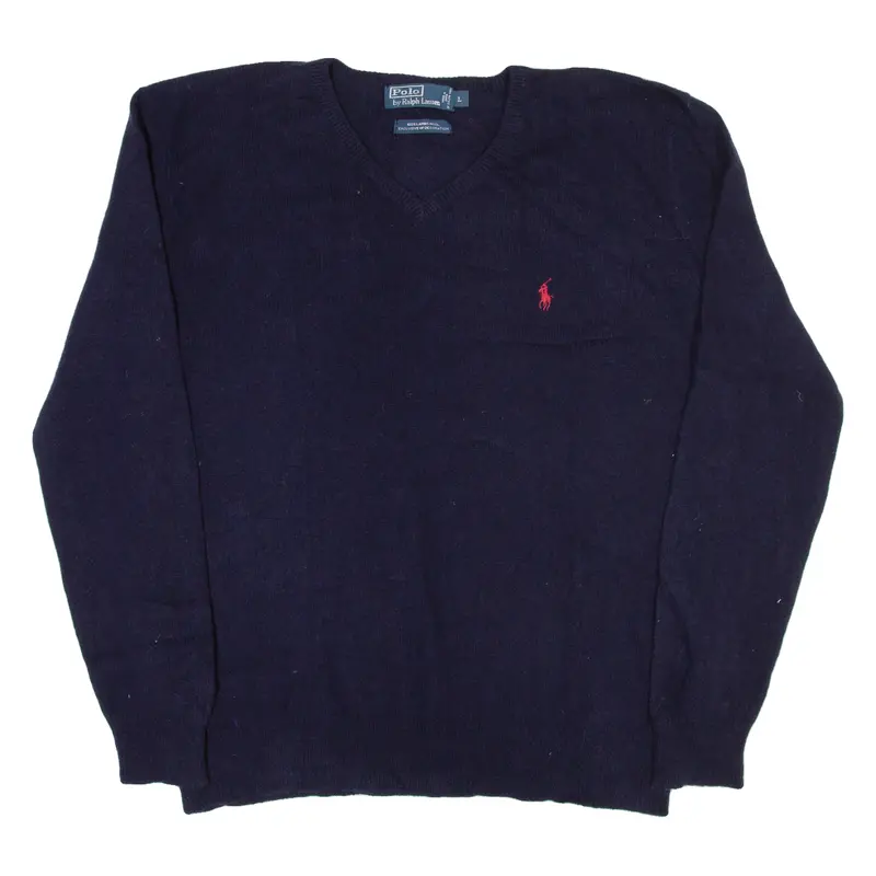 Polo Ralph Lauren Mens Jumper Blue V-Neck Tight Knit Wool L 1