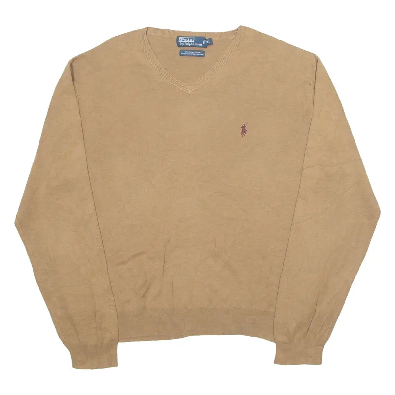 Polo Ralph Lauren Mens Jumper Brown V-Neck Tight Knit Xl 1