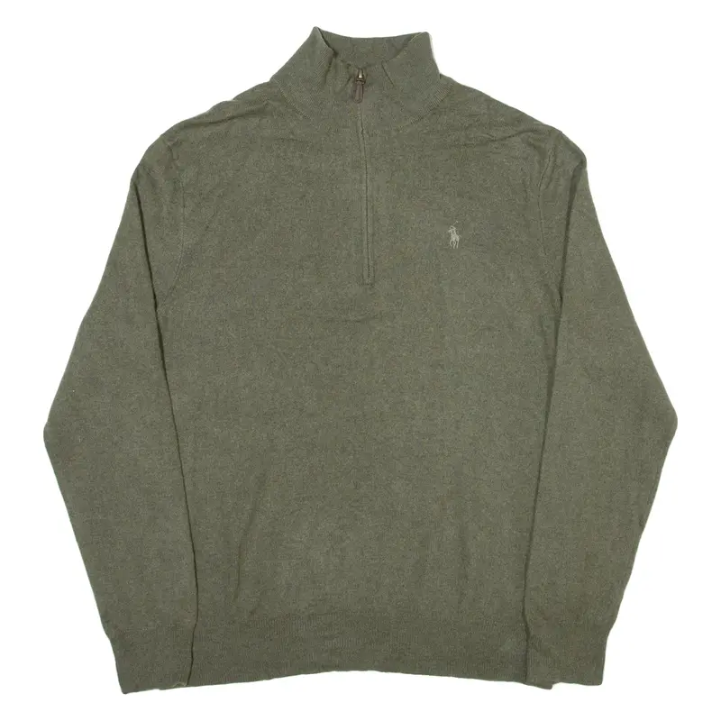 Polo Ralph Lauren Mens Jumper Green 1/4 Zip Tight Knit Wool L 1