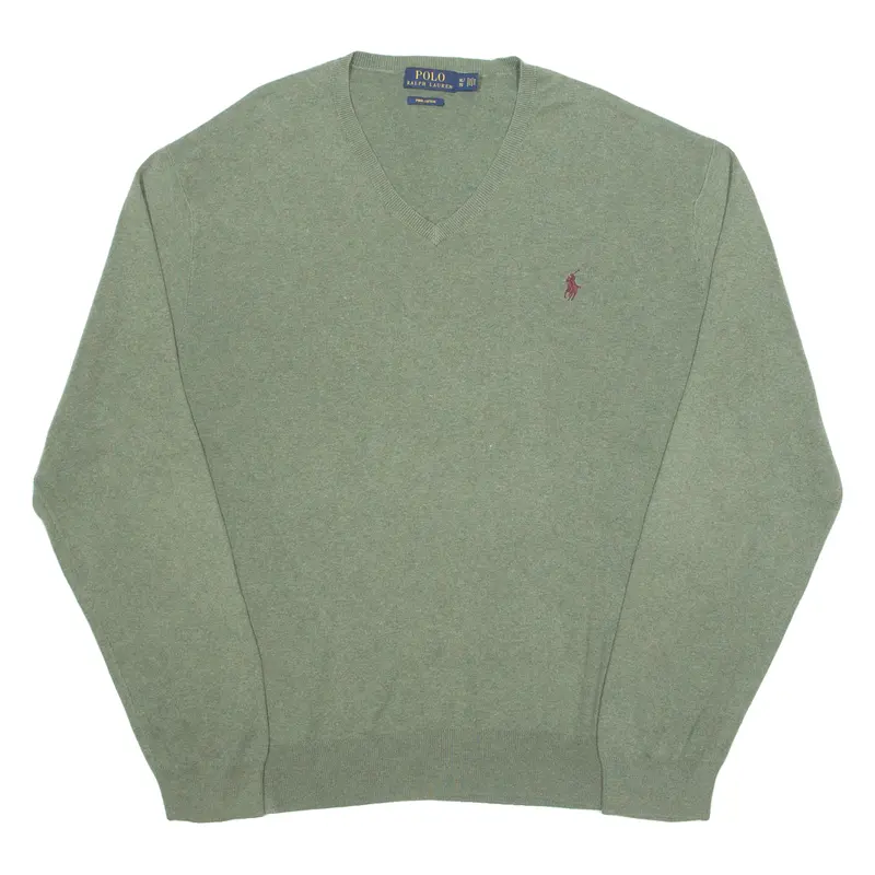 Polo Ralph Lauren Mens Jumper Green V-Neck Tight Knit Xl 1