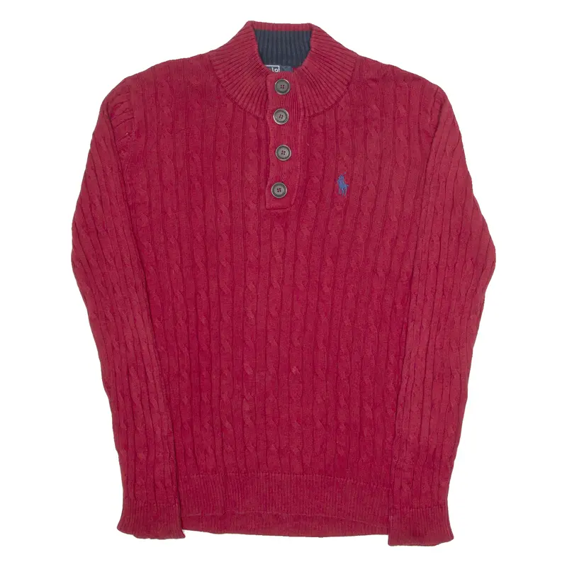 Polo Ralph Lauren Mens Jumper Red Button Neck Cable Knit S 1