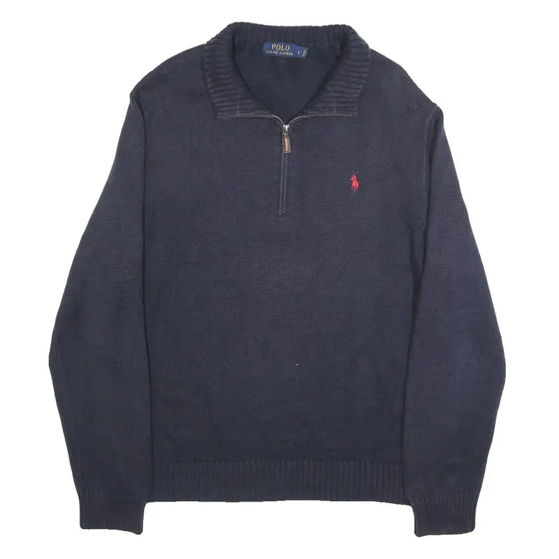 Polo Ralph Lauren Mens Navy Blue Fashion Jumper Cotton Pullover L Zip Neck 1