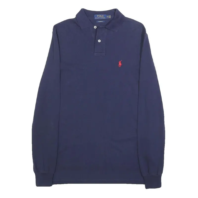 Polo Ralph Lauren Mens Navy Blue Long Sleeve Plain Polo Shirt S Cotton Blend 1