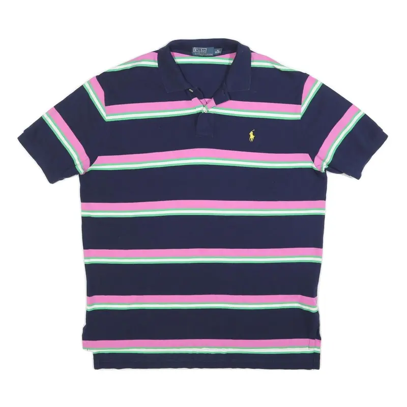Polo Ralph Lauren Mens Navy Blue & Pink Striped Short Sleeve Polo Shirt Xl 1