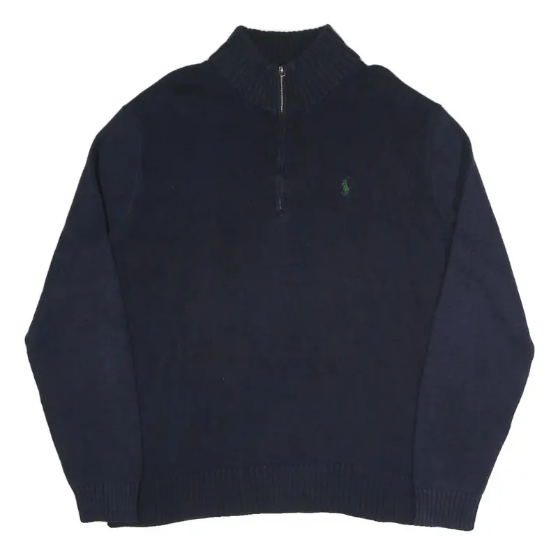 Polo Ralph Lauren Mens Navy Blue Plain Cotton Blend Jumper Half Zip L Classic 1