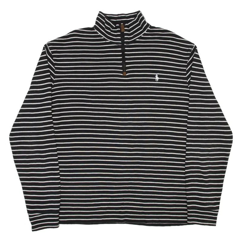 Polo Ralph Lauren Mens Patterned Jumper Black Striped 1/4 Zip Tight Knit L 1