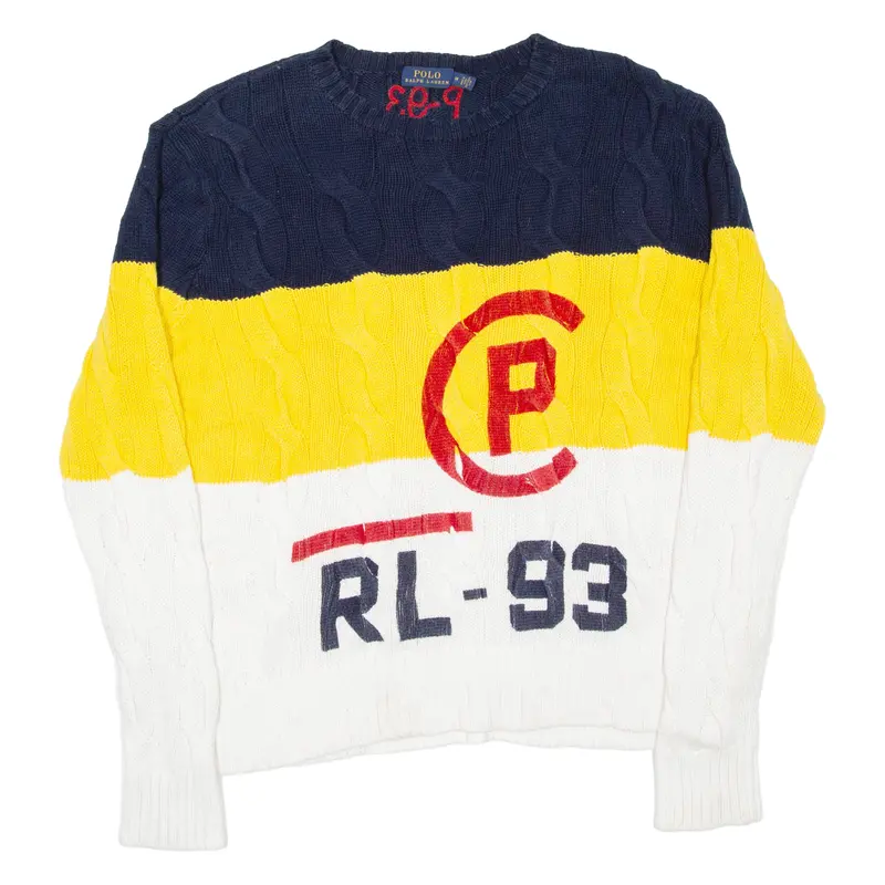 Polo Ralph Lauren Mens Patterned Jumper Blue Colourblock Cable Knit M 1