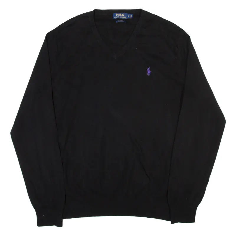 Polo Ralph Lauren Pima Cotton Mens Jumper Black V-Neck Tight Knit L 1