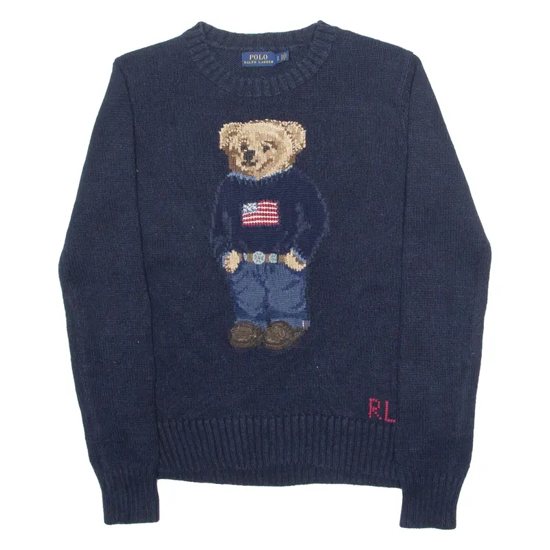 Polo Ralph Lauren Polo Bear Mens Jumper Blue Button Neck Tight Knit S 1