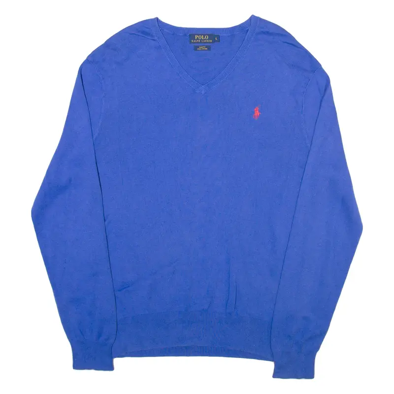Polo Ralph Lauren Slim Fit Mens Jumper Blue V-Neck Tight Knit L 1