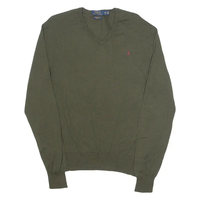 Polo Ralph Lauren Slim Fit Mens Jumper Green V-Neck Tight Knit Wool Xl 1