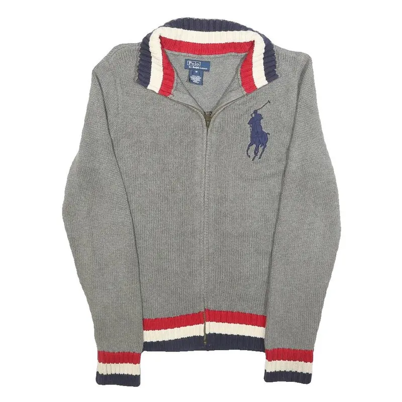 Polo Ralph Lauren Womens Grey Navy & Red Patterned Cotton Jumper Zip Up Cable 1