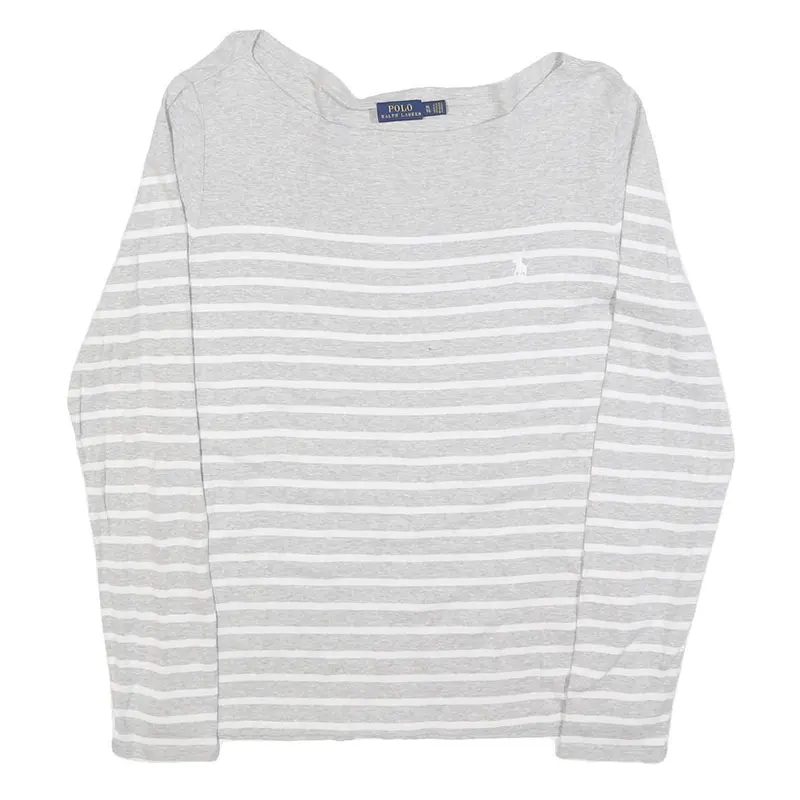 Polo Ralph Lauren Womens Grey & White Striped Plain Crew Neck Basic Knit Jumper 1