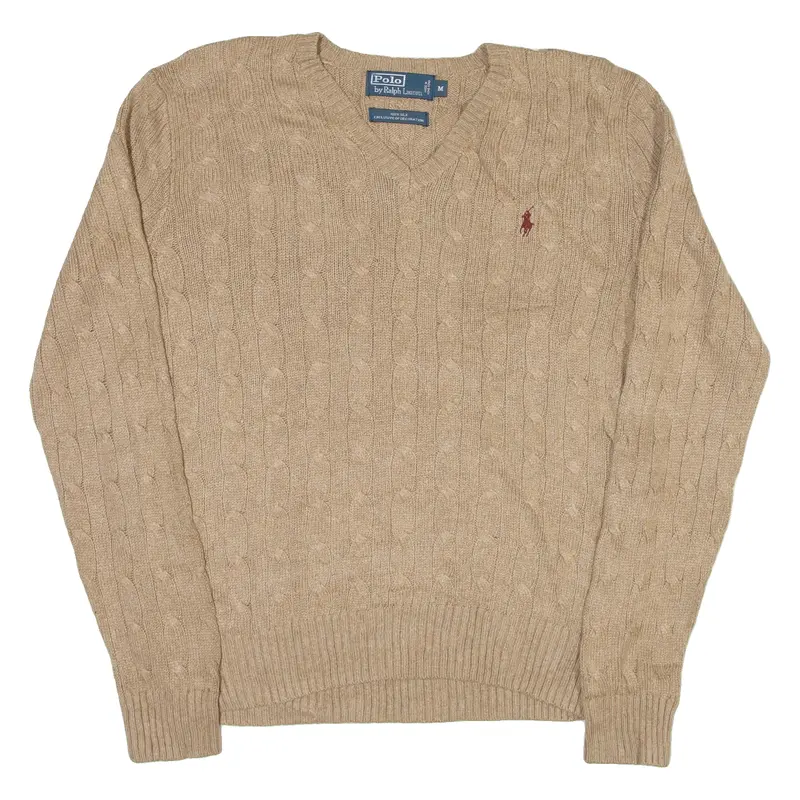 Polo Ralph Lauren Womens Jumper Brown V-Neck Cable Knit Silk M 1