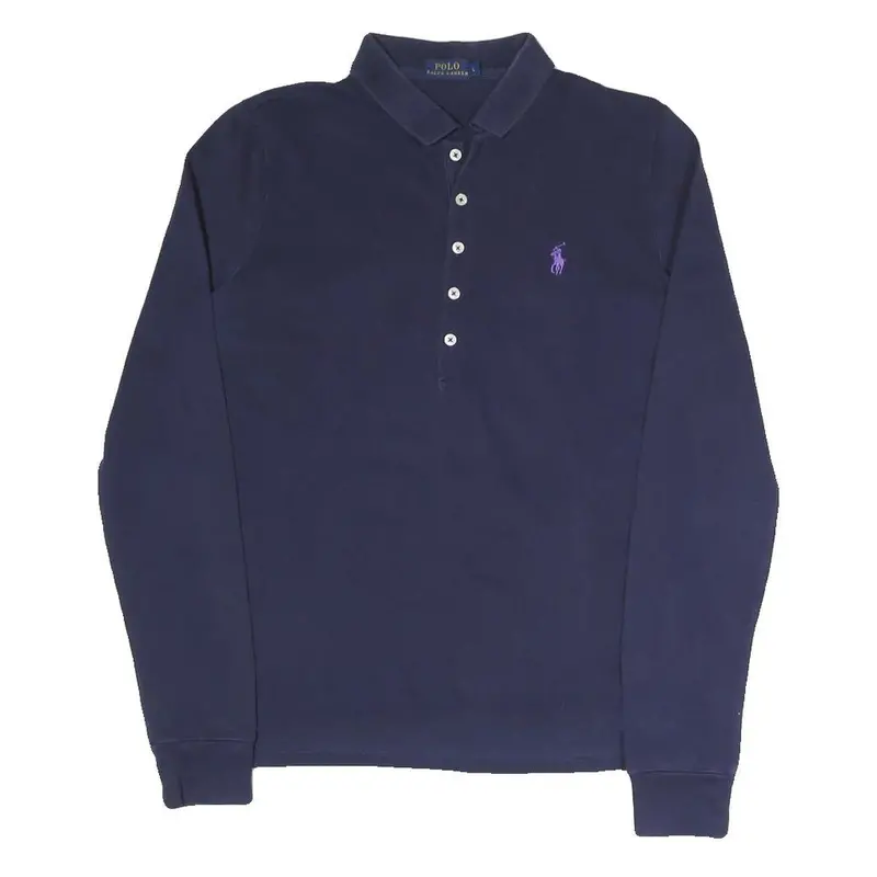 Polo Ralph Lauren Womens Navy Blue Long Sleeve Plain L Cotton Blend Polo Shirt 1