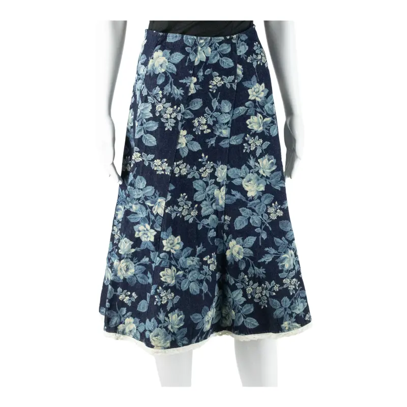 Poone Womens Flare Skirt Blue Midi Denim Floral S 1