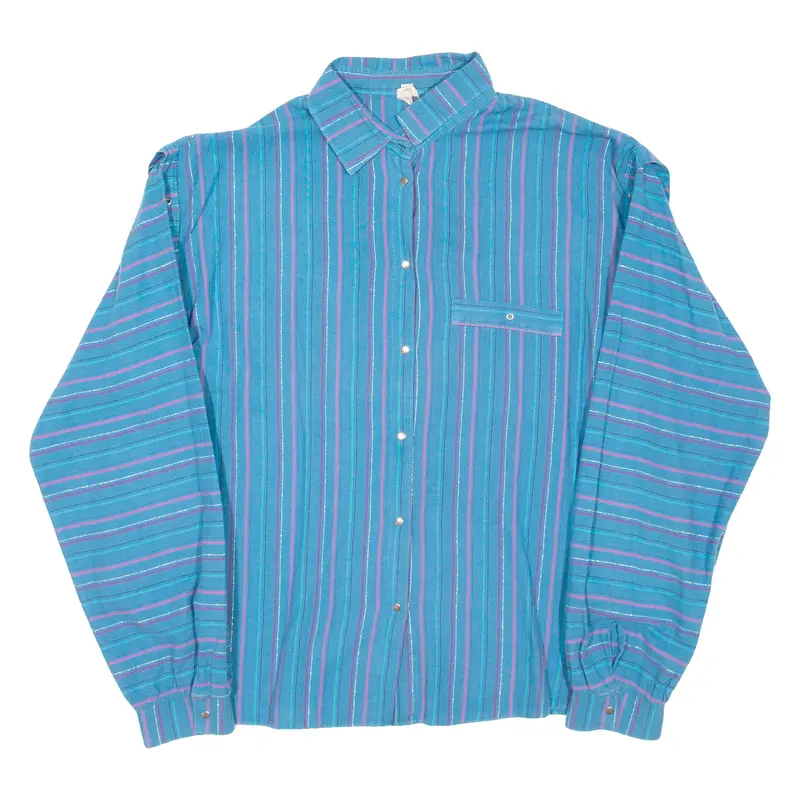 Popper Buttons Womens Shirt Blue Striped Long Sleeve M 1