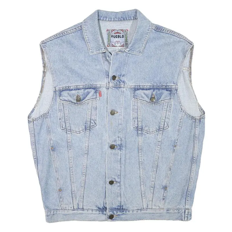 Pueblo Mens Blue Light Denim Button Jacket M Cotton Blend Sleeveless Casual 1