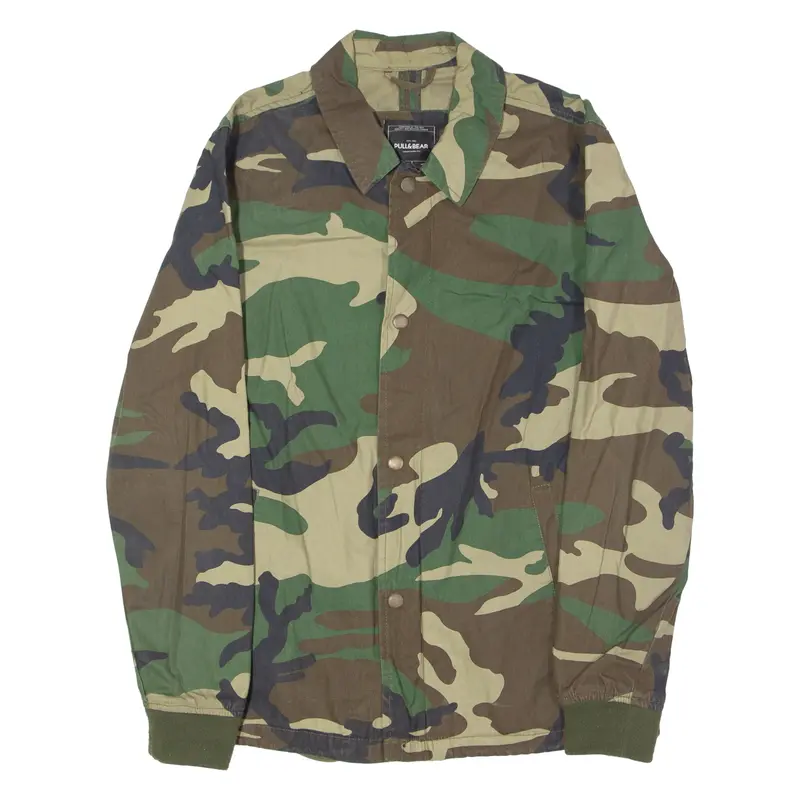 Pull And Bear Mens Coach Jacket Green Canvas Camouflage M 1