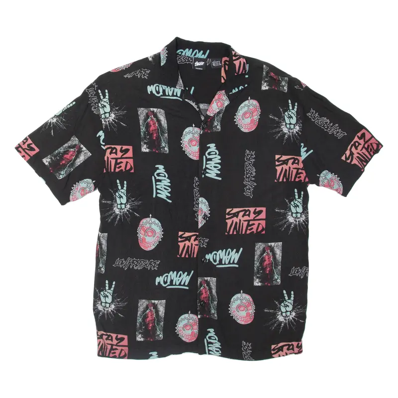 Pull & Bear Mens Shirt Black Viscose Crazy Pattern S 1