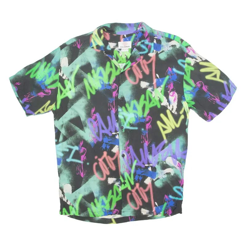 Pull&Bear Graffiti Mens Shirt Green Crazy Pattern S 1