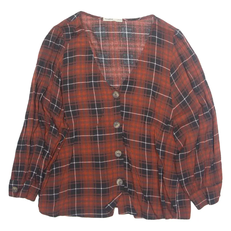 Pull&Bear Womens Printed Top Red V-Neck Long Sleeve Check S 1