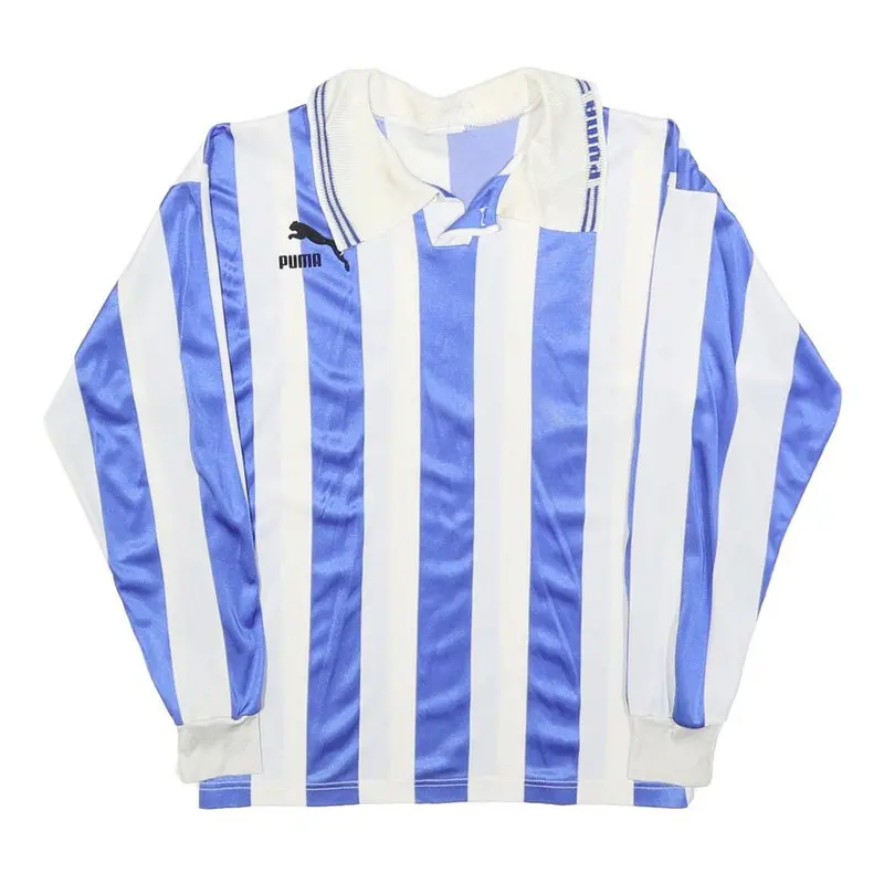 Puma Boys Blue & White Stripe Football Shirt L Long Sleeve Collared 1