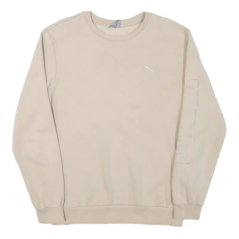 Puma Mens Beige Cotton Blend Sweatshirt S Crew Neck Logo Print Casual Pullover 1
