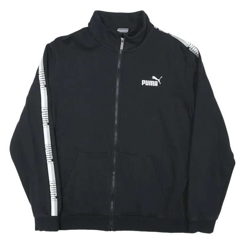 Puma Mens Black & White Sport Zip Cotton Blend Jacket L Logo Tape Stripe Casual 1