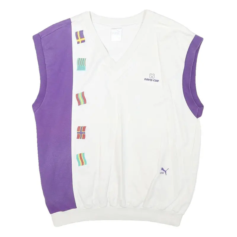 Puma Mens White & Purple Davis Cup Sleeveless Sweatshirt M Cotton Blend V-Neck 1