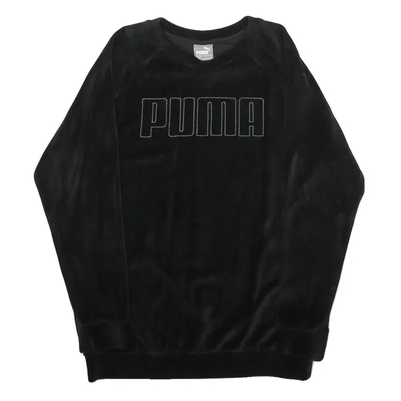Puma Womens Black Velvet Crew Neck Uk 12 Sweatshirt Pullover Logo Embroidered 1