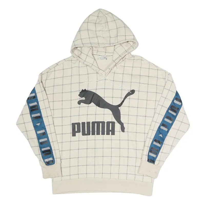 Puma Womens Cream Checked Logo Print Hoodie Uk 10 Cotton Blend Drawstring 1