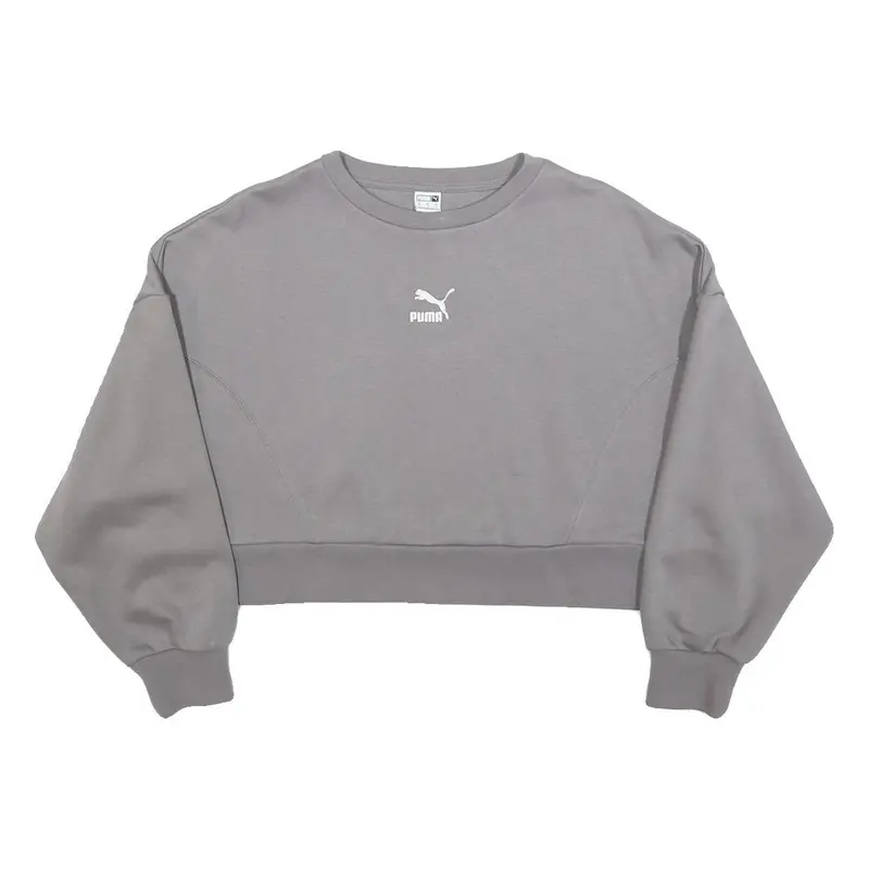 Puma Womens Grey Cotton Blend Crew Neck Sweatshirt S Cropped Casual Pullover 1