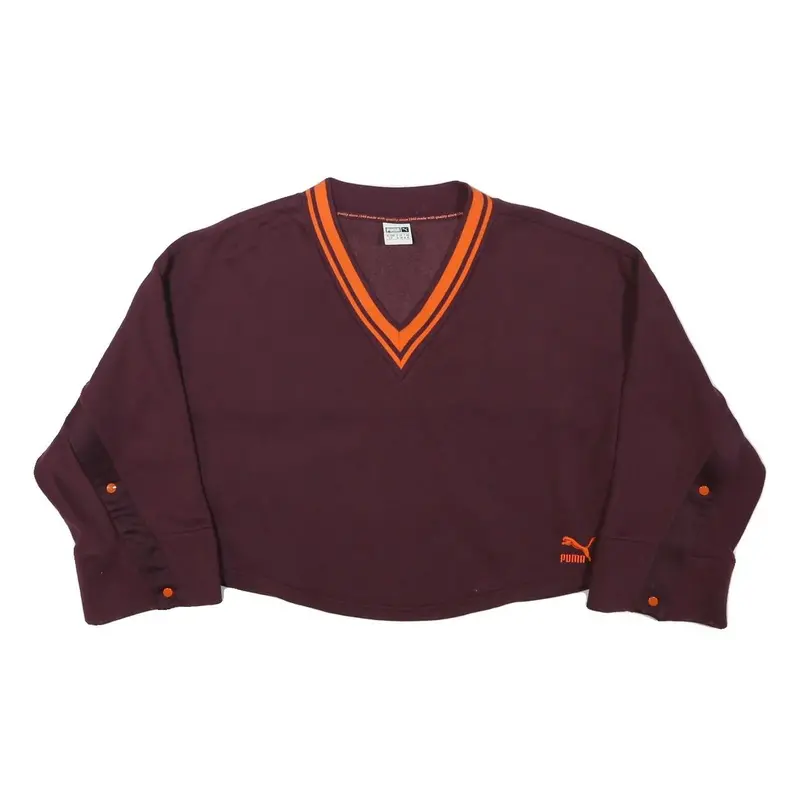Puma Womens Maroon & Orange V-Neck S Sweatshirt Cotton Blend Casual Pullover 1