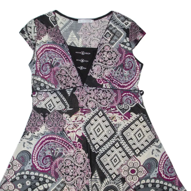 Qi Zhixiang Womens Fit & Flare Dress Black Crazy Pattern Sleeveless Midi M 2