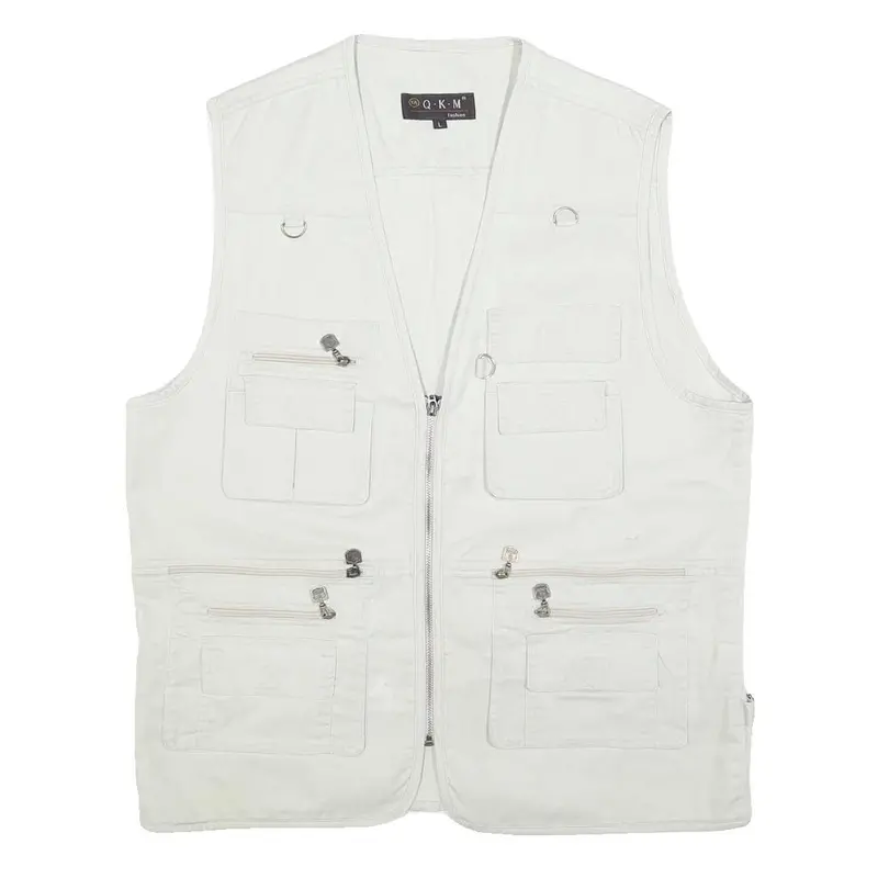 Qkm Mens White Cotton Blend Utility Jacket L Multi Pocket Zip Casual 1
