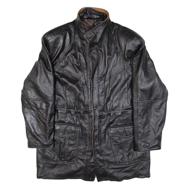 Quilted Lined Mens Coat Black Leather L 1