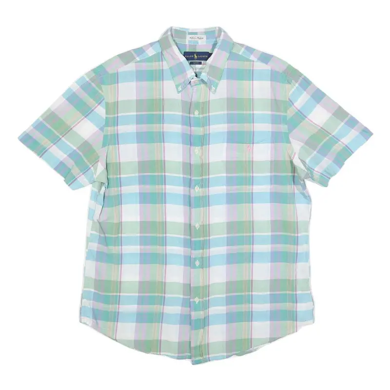 Ralph Lauren Mens Green & Blue Check Shirt Xl Summer Casual Cotton Short Sleeve 1