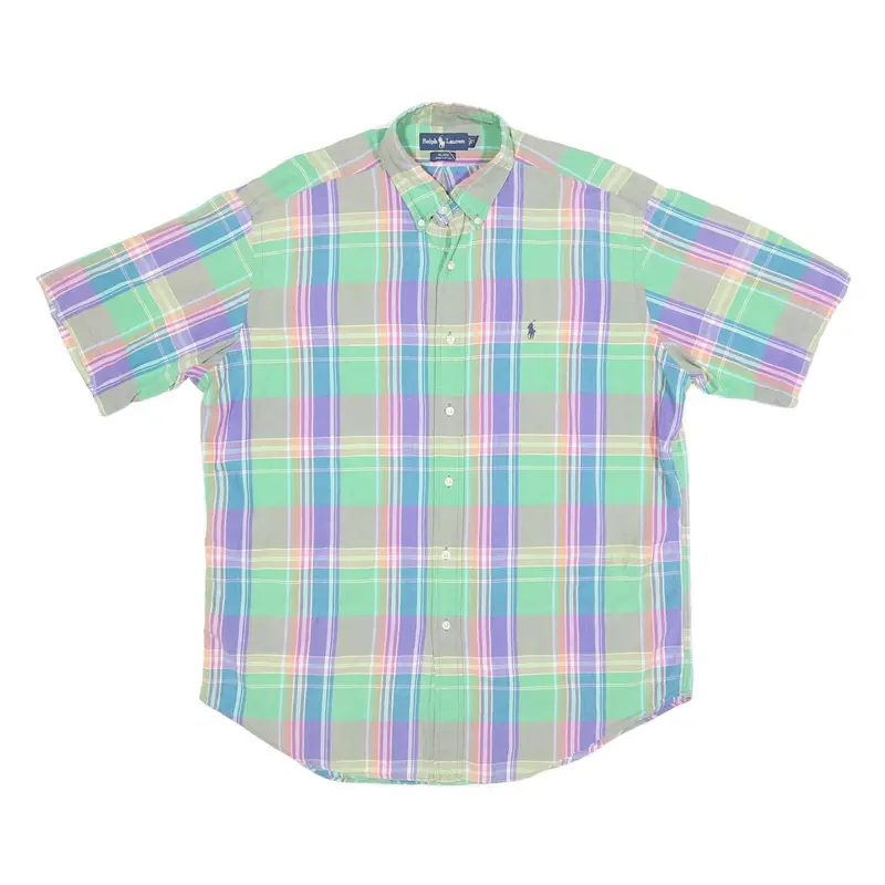 Ralph Lauren Mens Green & Purple Check Shirt L Cotton Short Sleeve Button Collar 1