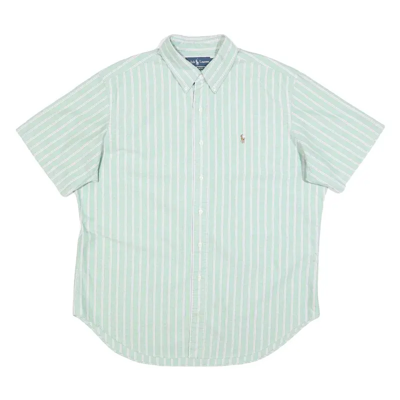 Ralph Lauren Mens Green & White Striped Shirt Xl Classic Cotton Short Sleeve 1