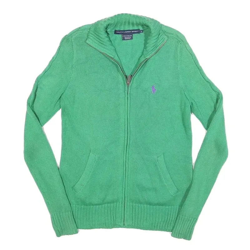 Ralph Lauren Sport Mens Green Cotton Patterned Jumper Full Zip Cable Knit S 1