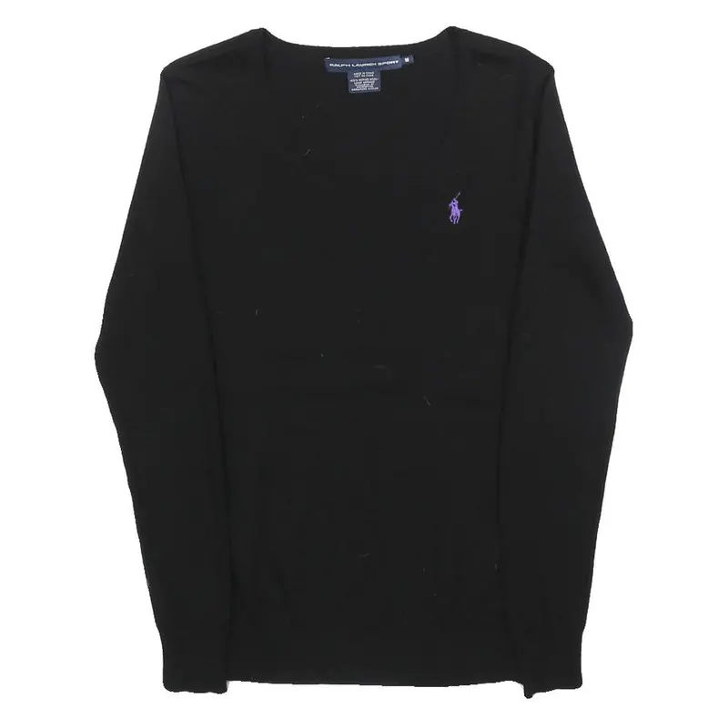 Ralph Lauren Sport Womens Black Plain Wool Jumper Crew Neck Basic Knit M 1