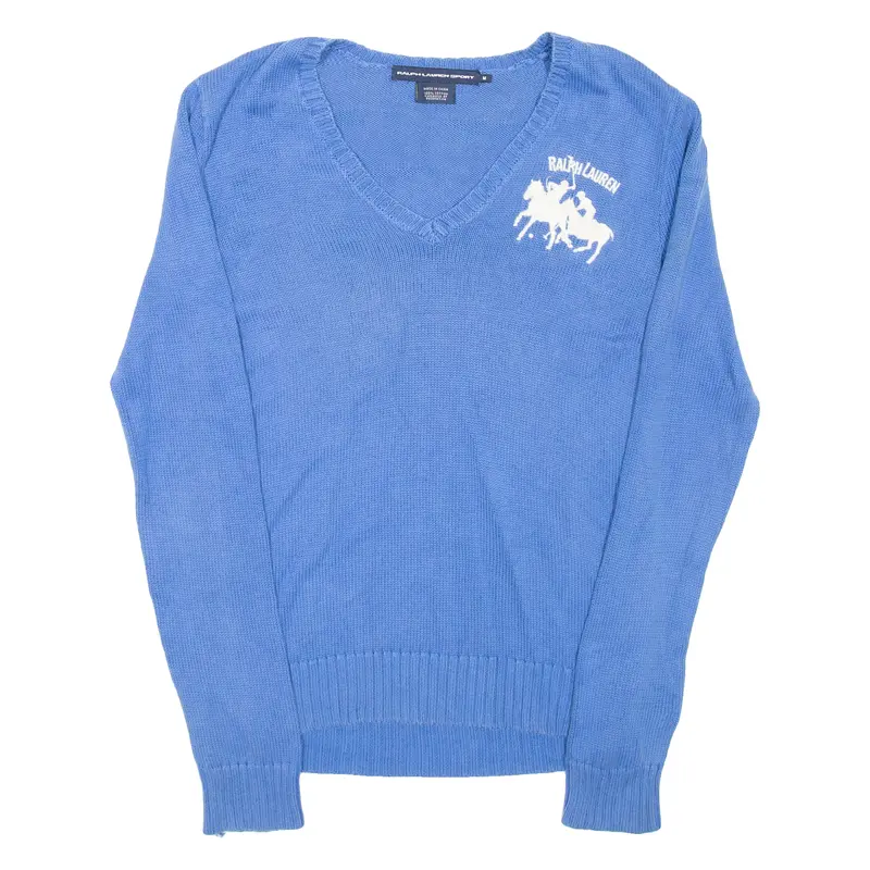Ralph Lauren Sport Womens Jumper Blue V-Neck Tight Knit M 1