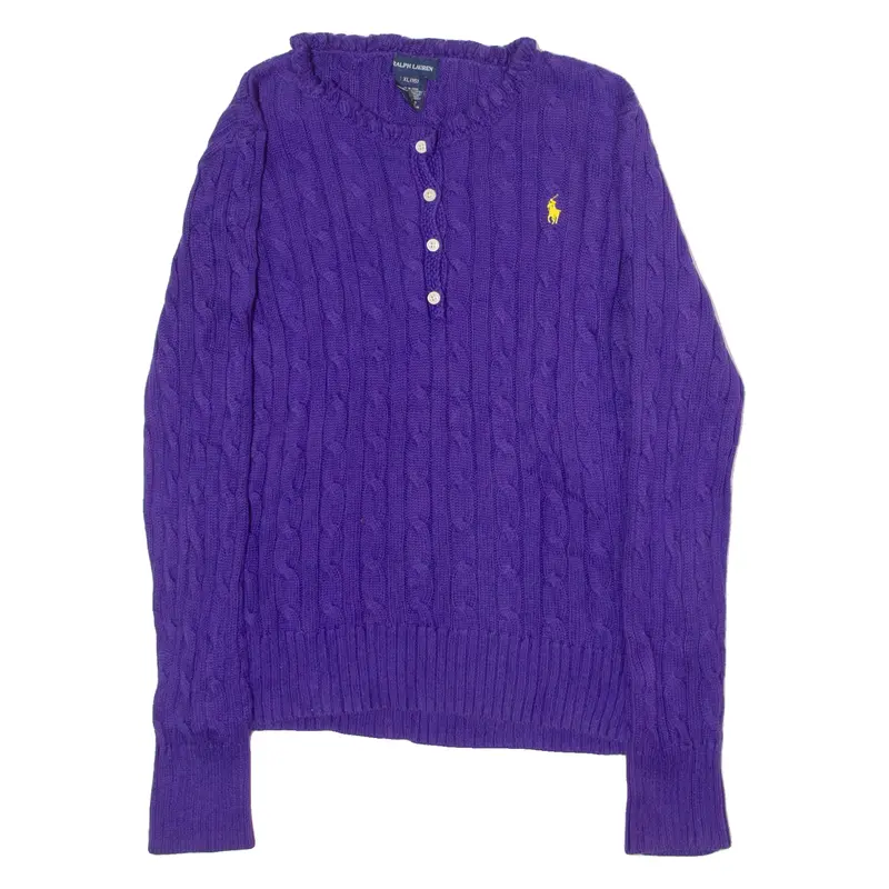 Ralph Lauren Womens Jumper Purple Button Neck 90S Cable Knit Xl 1