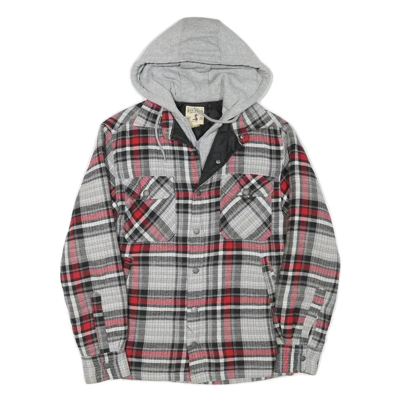 Red Kap Mens Grey & Red Hooded Check Jacket S Polyester Blend Zip Casual 1
